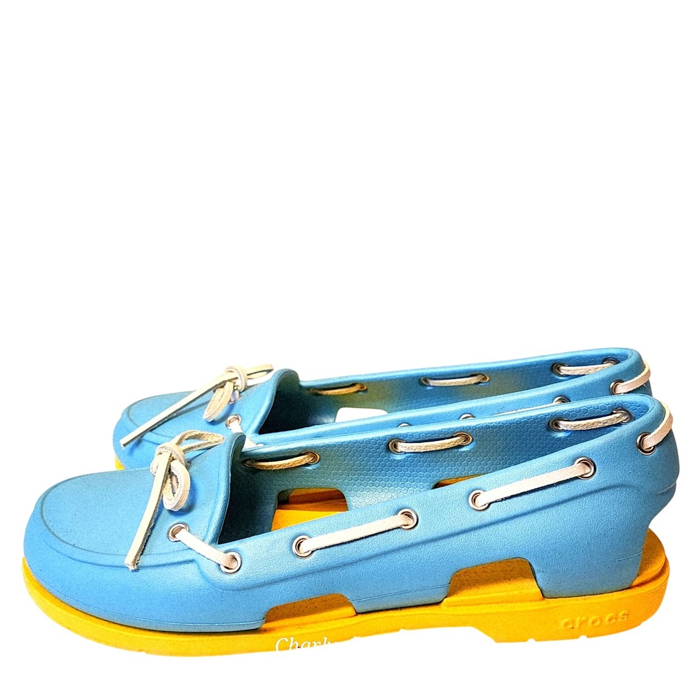 Crocs Beach Line Boat Shoe 10 Aqua/Yellow Lace-Up Preppy Casual Beach Waterproof